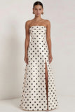 Strapless Black White A Line Polka Dot Long Formal Dress with Slit