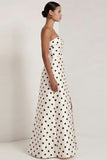 Strapless Black White A Line Polka Dot Long Formal Dress with Slit