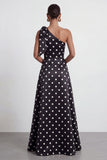 Green White Polka Dot One Shoulder A Line Formal Dress with Slit