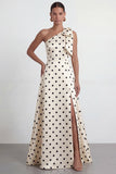 Green White Polka Dot One Shoulder A Line Formal Dress with Slit