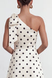 Green White Polka Dot One Shoulder A Line Formal Dress with Slit