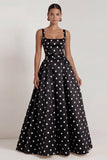 Black A Line Polka Dot Maxi Formal Dress with Bow