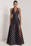 Halter White Black Polka Dot A Line Formal Dress with Slit