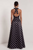 Halter White Black Polka Dot A Line Formal Dress with Slit