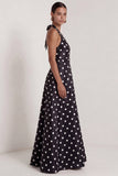 Halter White Black Polka Dot A Line Formal Dress with Slit