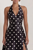 Halter White Black Polka Dot A Line Formal Dress with Slit