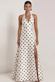 Halter White Black Polka Dot A Line Formal Dress with Slit