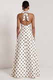 Halter White Black Polka Dot A Line Formal Dress with Slit