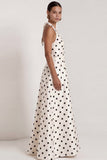 Halter White Black Polka Dot A Line Formal Dress with Slit
