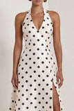 Halter White Black Polka Dot A Line Formal Dress with Slit