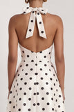 Halter White Black Polka Dot A Line Formal Dress with Slit