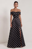 Off the Shoulder Black White Polka Dot A Line Maxi Formal Dress with Slit