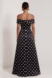 Off the Shoulder Black White Polka Dot A Line Maxi Formal Dress with Slit