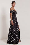 Off the Shoulder Black White Polka Dot A Line Maxi Formal Dress with Slit