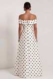 Off the Shoulder Black White Polka Dot A Line Maxi Formal Dress with Slit