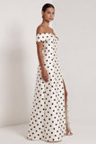 Off the Shoulder Black White Polka Dot A Line Maxi Formal Dress with Slit
