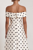 Off the Shoulder Black White Polka Dot A Line Maxi Formal Dress with Slit
