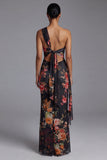 One Shoulder Cut Out Printed Ivory Maxi Formal Dress