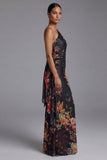 One Shoulder Cut Out Printed Ivory Maxi Formal Dress