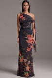 Asymmetrical Neck Black Mermaid Printed Long Formal Dress