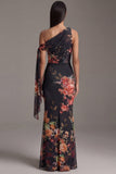 Asymmetrical Neck Black Mermaid Printed Long Formal Dress