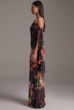 Asymmetrical Neck Black Mermaid Printed Long Formal Dress