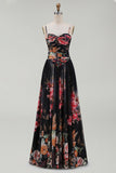 Black A Line Printed Ruched Long Formal Dress