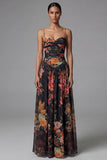 Black A Line Printed Ruched Long Formal Dress