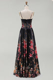Black A Line Printed Ruched Long Formal Dress