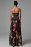 Black A Line Printed Ruched Long Formal Dress