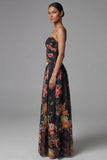 Black A Line Printed Ruched Long Formal Dress