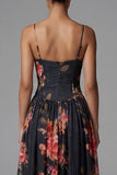 Black A Line Printed Ruched Long Formal Dress
