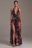 Halter Black A Line Printed Formal Dress with Slit