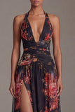 Halter Black A Line Printed Formal Dress with Slit