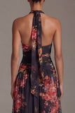 Halter Black A Line Printed Formal Dress with Slit