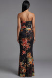Strapless Floral Ruched Mermaid Black Formal Dress