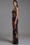 Strapless Floral Ruched Mermaid Black Formal Dress