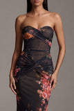 Strapless Floral Ruched Mermaid Black Formal Dress