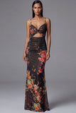 Mermaid Ruched Black Cut Out Floral Formal Dress with Lace-up Back