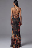 Mermaid Ruched Black Cut Out Floral Formal Dress with Lace-up Back