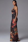 Mermaid Ruched Black Cut Out Floral Formal Dress with Lace-up Back