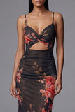 Mermaid Ruched Black Cut Out Floral Formal Dress with Lace-up Back