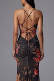 Mermaid Ruched Black Cut Out Floral Formal Dress with Lace-up Back