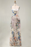 Ivory Ruched A Line Printed Long Formal Dress
