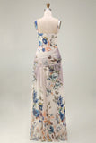 Ivory Ruched A Line Printed Long Formal Dress