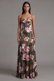Floral A Line Printed Spaghetti Straps Olive Maxi Formal Dress