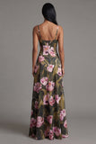 Floral A Line Printed Spaghetti Straps Olive Maxi Formal Dress