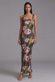 Olive Floral Square Neck Maxi Formal Dress