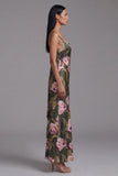 Olive Floral Square Neck Maxi Formal Dress