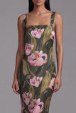 Olive Floral Square Neck Maxi Formal Dress